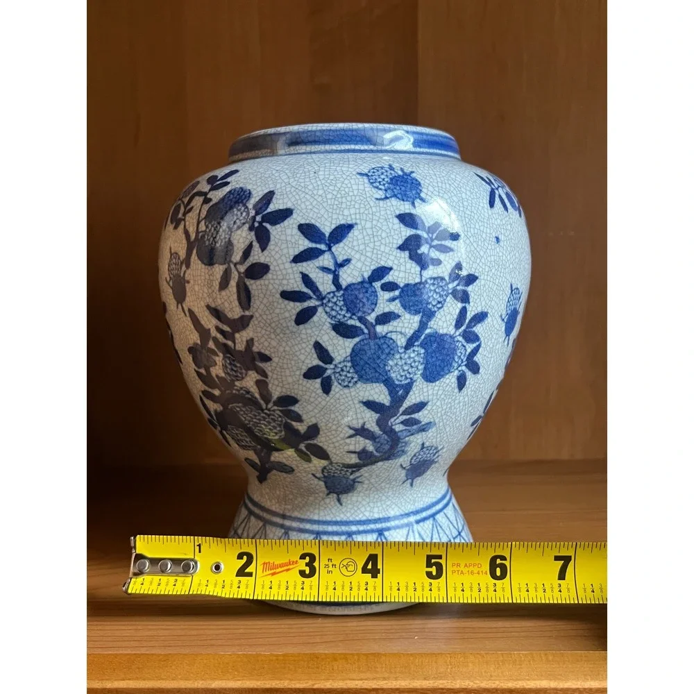 Vintage Blue and White Crackle Glaze Chinoiserie Ceramic Floral Vase 8 Inch